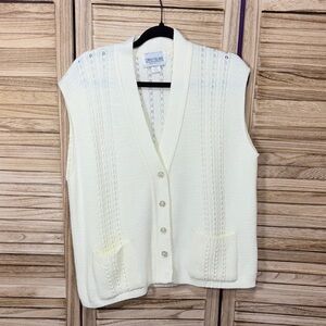 Carly Blake Ivory V-Neck Knit Button Down Sweater Vest Two Front Pockets Size L